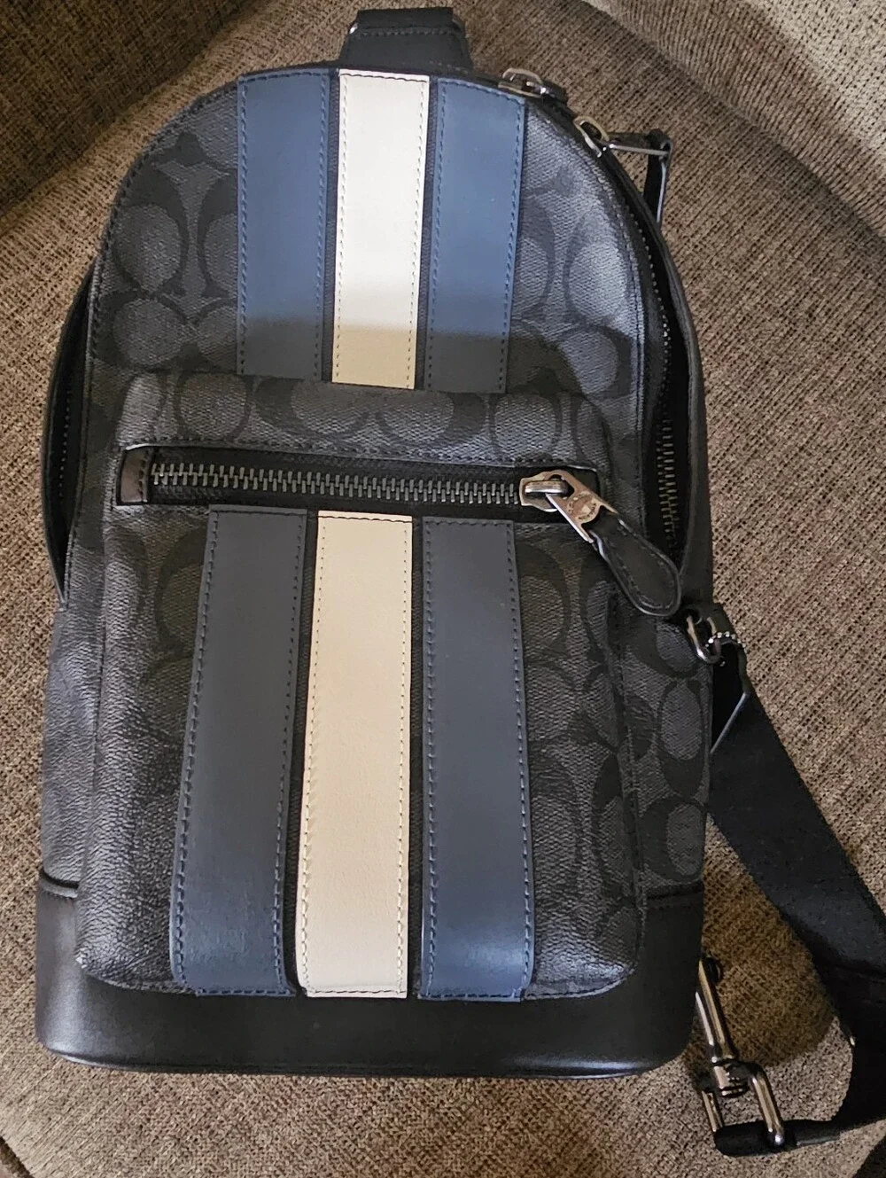 Coach Men's Signature Sling Bag in Charcoal, Blue & White